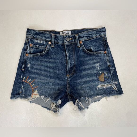 Agolde Jaden High Rise Cut Off Denim Jean Shorts Women 25 Love Street Embroidere - Picture 1 of 9